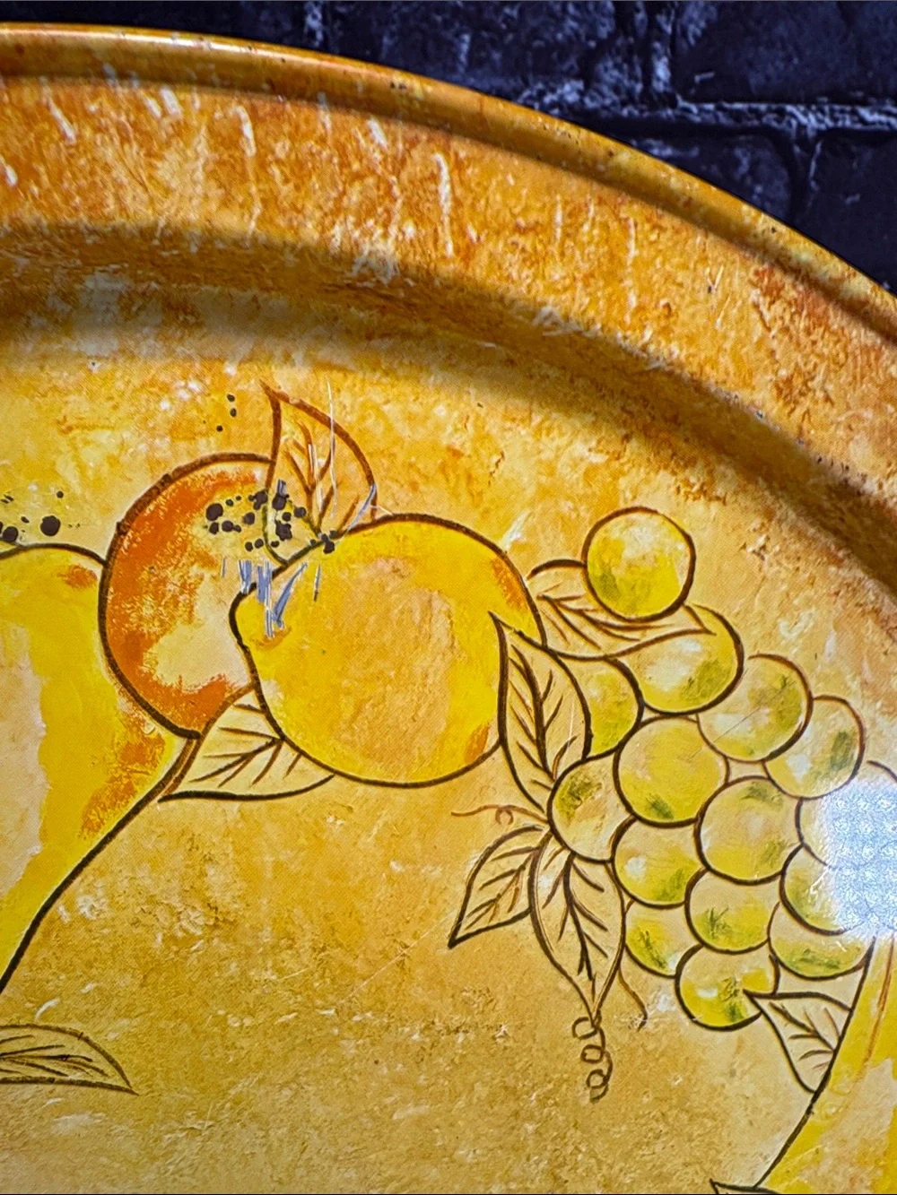 Vintage Large Yellow Metal Tole Fruit Motif Serving Tray